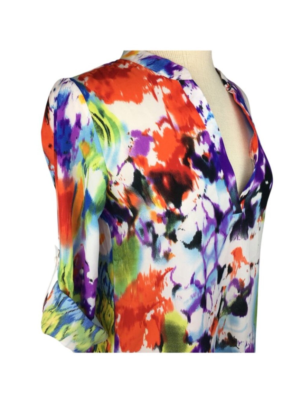 Chelsea Taylor Womens Top Small Watercolor V-neck Tab Sleeve Hi Low Hem Colorful - Picture 11 of 11